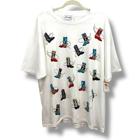 VTG Country Boot Graphic White Embellished Oversized T-Shirt - Picture 1 of 10